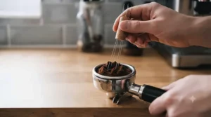 A professional product photograph of a high-end, commercially manufactured Weiss Distribution Technique tool. It features a perfectly crafted dark walnut handle and a matching sculpted walnut stand. The tool rests in its stand, with its perfectly aligned, fine stainless steel needles pointing outwards. The shiny 58mm bottomless portafilter is positioned to the right. The scene is on the oak worktop with the blurred kitchen backsplash and coffee bag in the background.