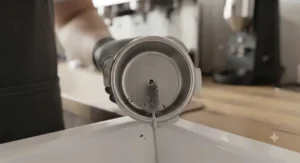 Maintenance tip showing how to clean the single exit hole of a pressurised basket.