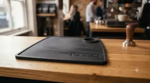 A portafilter resting on a heat-resistant tamping mat to prevent scratches on a wooden kitchen worktop.