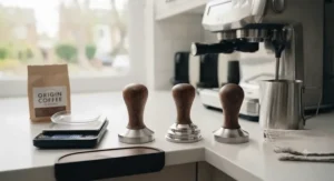 A range of espresso tampers displayed on a clean kitchen counter alongside a coffee machine.