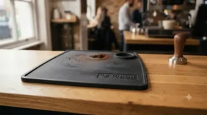 Close-up of a high-grip silicone tamping mat surface designed to prevent movement during espresso preparation.