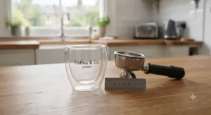 A standard 80ml double-walled espresso cup sitting beside a stainless steel portafilter for scale.