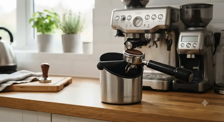 Compact stainless steel knock box next to a home espresso machine on a wooden worktop. small knock box for espresso