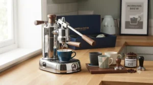 A space-saving stackable espresso cup gift set complete with a sleek chrome storage stand.
