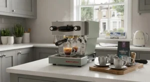 Space-saving stackable espresso cups neatly organised in a compact kitchen cupboard.