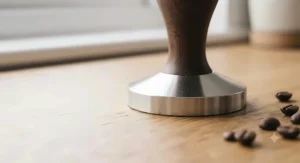 Close-up of a precision-engineered stainless steel coffee tamper base showing high-quality flat finish.