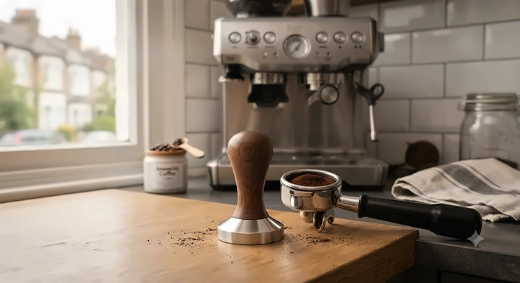 A premium stainless steel espresso tamper resting on a portafilter, designed for achieving the perfect extraction in home coffee machines. stainless steel espresso tamper