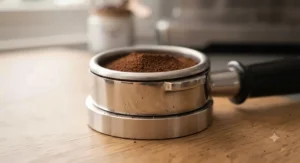 Close-up view of the perfectly flat, polished stainless steel base of an espresso tamper.