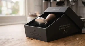 A stainless steel espresso tamper presented in high-quality packaging, ideal for coffee lovers.