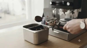 A side-by-side comparison of a sleek stainless steel knock box and a durable, heat-resistant plastic model for home espresso setups.