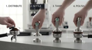 Infographic showing the four essential steps for tamping coffee, from distributing grounds to the final press.