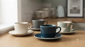 A multi-coloured espresso cup gift set featuring contemporary patterns suited for modern British kitchens.
