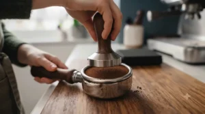 Tamping ground coffee level after running a WDT tool for clumping coffee extraction prep.
