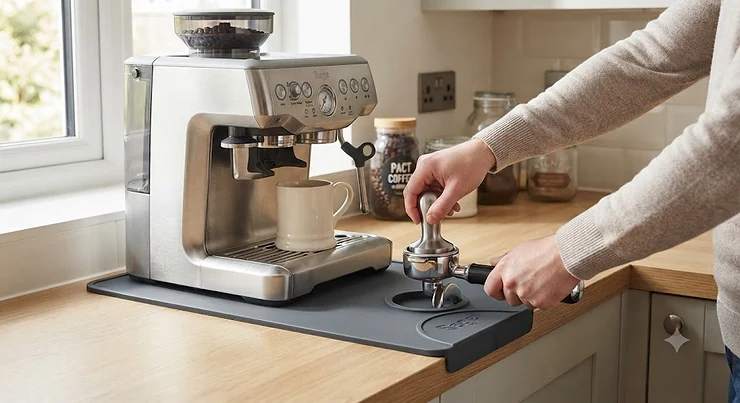 A premium silicone tamping mat for the Sage Barista Express, set on a kitchen worktop next to a portafilter during coffee preparation. tamping mat for Sage Barista Express