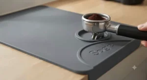 Ergonomic tamping mat featuring a moulded recess to hold a 54mm portafilter securely while tamping.