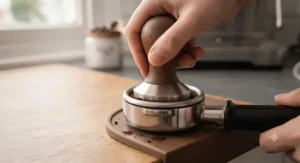 A barista using a stainless steel tamper to compress freshly ground coffee into a portafilter basket.