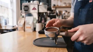 Close-up of a WDT tool performing a gentle, circular stirring motion to aerate espresso grounds.