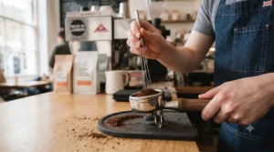 A barista using a WDT tool with fine needles to break up coffee clumps in the portafilter basket.