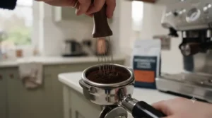 Close-up of a WDT needle distribution tool breaking up coffee clumps in a portafilter basket.