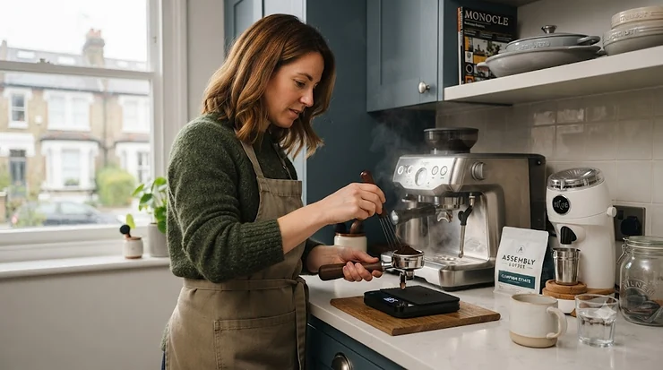 A barista using a WDT tool for clumping coffee to evenly distribute espresso grounds in a portafilter. WDT tool for clumping coffee