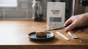 A photorealistic macro photograph, taken with natural light on the oak worktop, showing a direct visual comparison. A pair of precision tweezers holds a single, ultra-fine acupuncture needle, which shows a slight flex. Beside it, for contrast, is a significantly thicker, rigid sewing pin. The blurred background features the metro tiles and Assembly Coffee bag.