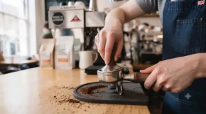 A diagram showing the sequential espresso preparation process: WDT for internal distribution followed by a leveller for the surface.