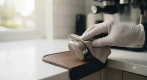 A detailed view of a barista wiping the polished base of an espresso tamper to ensure cleanliness.