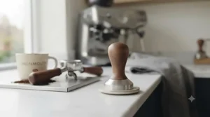 A stylish wooden espresso tamper displayed on a modern home coffee station.