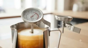 Demonstration of the adjustable stainless steel clip securing a milk thermometer onto a standard coffee jug.