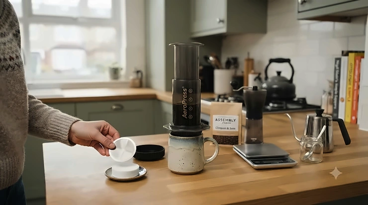 Side-by-side comparison of an AeroPress metal filter and a standard white paper coffee filter on a wooden kitchen worktop. AeroPress filters vs standard paper filters