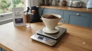 A stainless steel digital coffee scale weighing ground beans accurately in a ceramic dripper.
