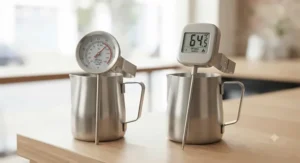 Side-by-side comparison of traditional dial and modern digital milk thermometers for coffee making.