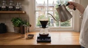 A clear, backlit LED display on a Brewmaster UK 0.1g precision coffee scale, showing a weight of 15.0g and a timer, with touch-sensitive tare and start buttons visible.
