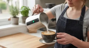 Barista pouring silky microfoam milk from a jug with a temperature strip to create latte art in a ceramic cup.