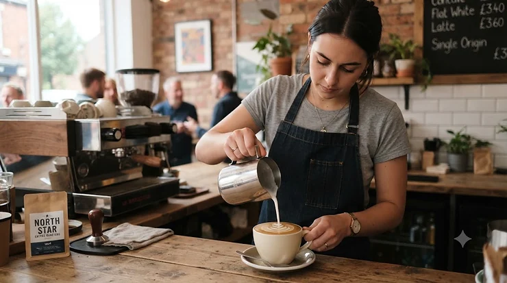 Stainless steel barista milk pitcher for pouring latte art in a British coffee shop barista milk pitcher for latte art