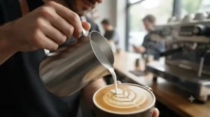 Barista pouring microfoam from a stainless steel milk pitcher to create latte art in a coffee cup.