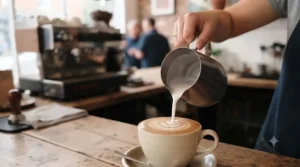 Barista hand tilting a milk pitcher to pour a tulip design into a ceramic coffee cup