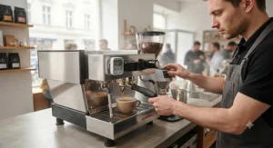 A barista in a specialty coffee shop using a precision bench brew timer while operating an espresso machine.
