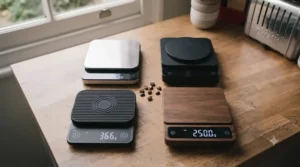 A flat-lay arrangement showcasing different sizes and designs of digital coffee scales available for home coffee enthusiasts.