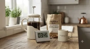 A minimalist digital kitchen timer placed beside a ceramic cafetière and a bag of artisan coffee beans.