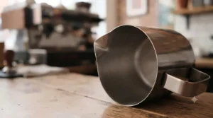 Close-up of a precision pouring spout on a barista milk jug designed for sharp latte art patterns