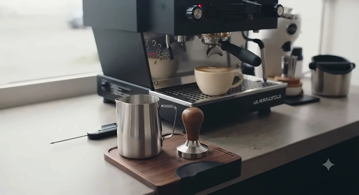 The best milk pitcher resting on a home espresso station alongside a coffee tamper and knock box. best milk pitcher