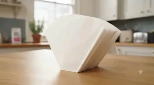 A close-up stack of crisp, white oxygen-bleached cone coffee filter papers, highlighting their precise folds and clean edges against a warm wooden counter.