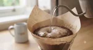 Hot water being poured in a spiral motion over coffee grounds in a Chemex to start the bloom phase.