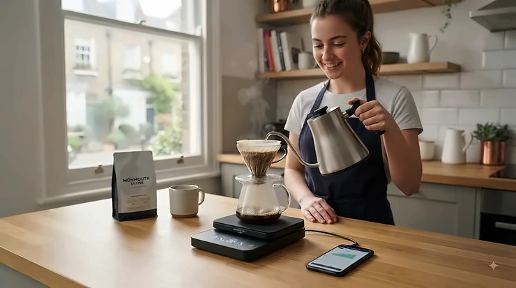 A photorealistic scene in a modern London kitchen, where a barista is using a Fellow gooseneck kettle to pour water into a V60 dripper. The V60 and a glass server sit atop a sleek black Bluetooth coffee scale, which displays the weight and timer. A smartphone with a companion brewing app is connected to the scale via a cable, and a bag of Monmouth Coffee beans is on the wooden countertop. bluetooth coffee scales