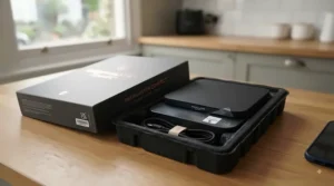 A detailed close-up of the Bluetooth coffee scales packaging being opened. The branded box reveals the minimalist black scales nestled in a protective mould, with a braided USB-C charging cable and quick-start guide included. The scene is set on a clean kitchen worktop with natural daylight.