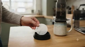Barista inserting a standard paper filter into the plastic cap of an AeroPress coffee maker over a ceramic mug.