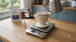 Water being poured from a kettle into a V60 dripper resting on an affordable digital coffee scale.