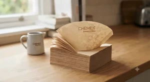 Close-up of natural unbleached square Chemex filter papers fanned out on a neutral surface.
