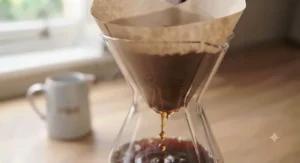 Brewed filter coffee dripping slowly through the paper filter into the bottom of the glass Chemex vessel.